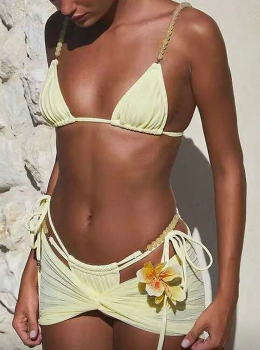 Conjunto 3 pçs fato de banho amarelo