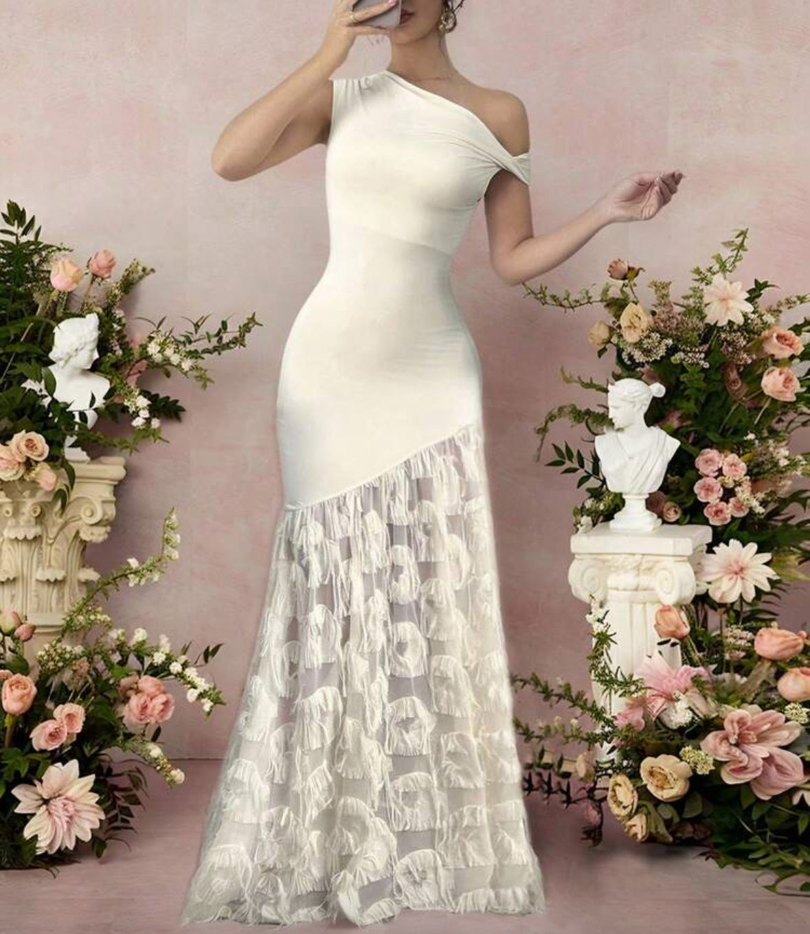 Vestido ombro torcido bege