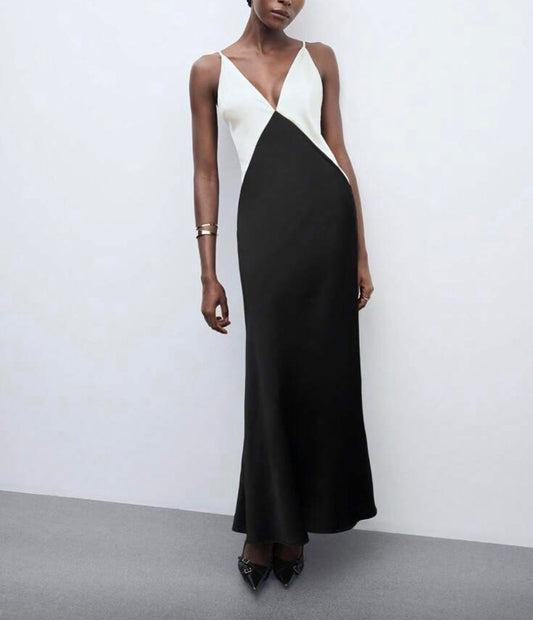 Vestido acetinado bege e preto