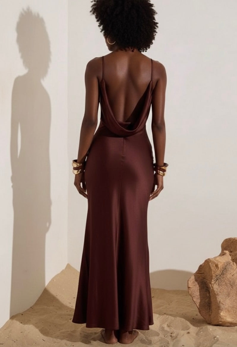 Vestido cetim castanho